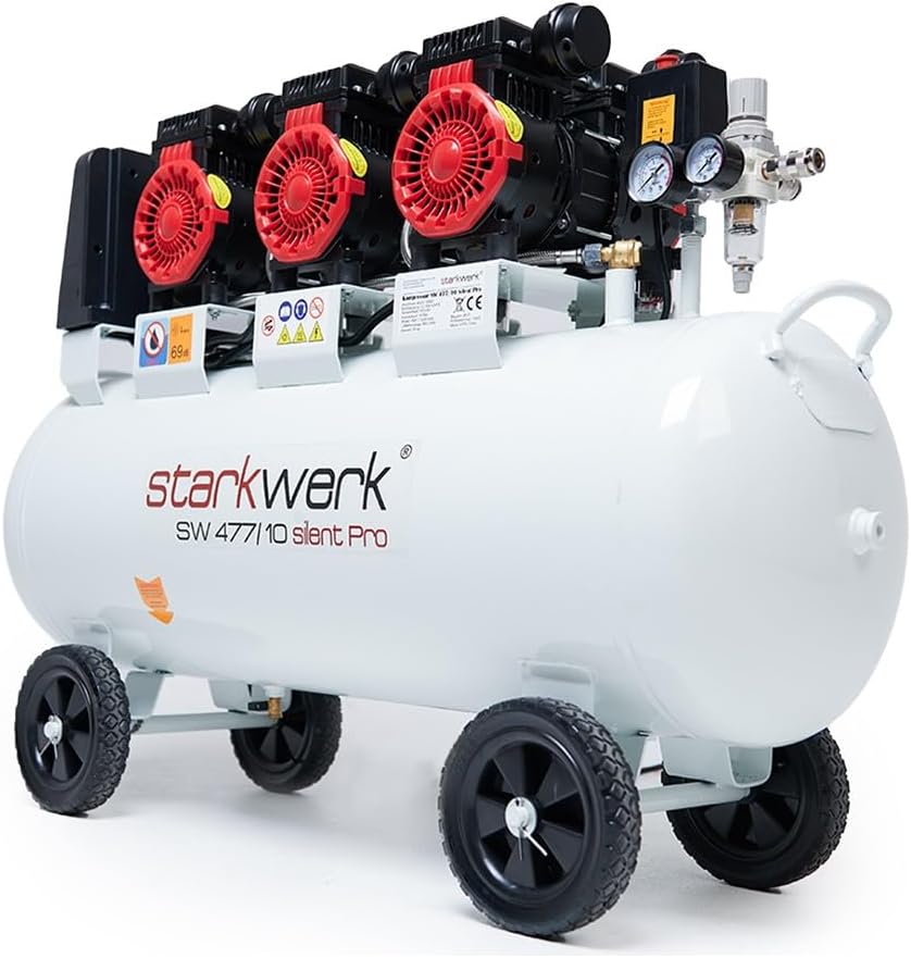 Compresor silencioso Starkwerk, compresor de aire comprimido, compresor 10 bar, 3,3 kW, 4,5 CV, 400 voltios, SW 477/10, incluye reductor de presión y separador de agua