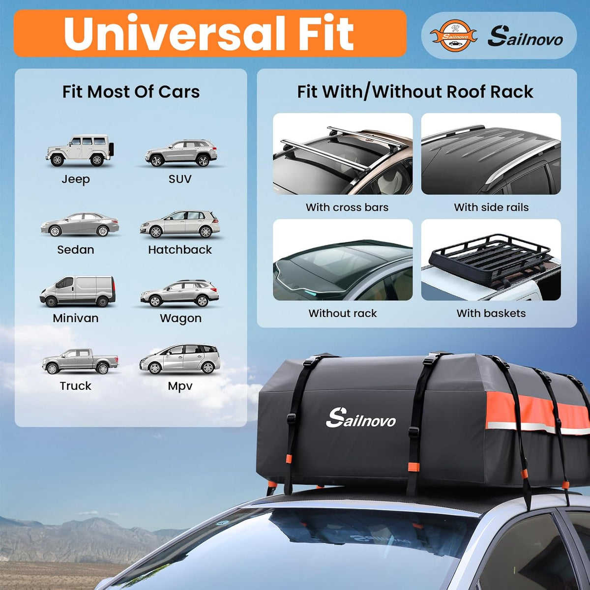 Sailnovo Cofre de techo para vehículo, bolsa de techo impermeable para viajes, resistente a la intemperie con alfombrilla antideslizante, 6 ganchos de puerta y candado de combinación, 590 L, PVC 1000D