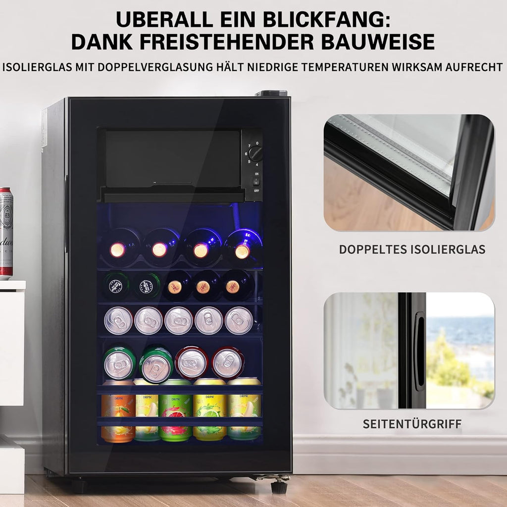 Minirefrigerador Merax de 76 L con compartimento de hielo, capacidad para 51 latas, funcionamiento silencioso, sistema de refrigeración por compresor, bajo consumo energético, estantes ajustables, negro