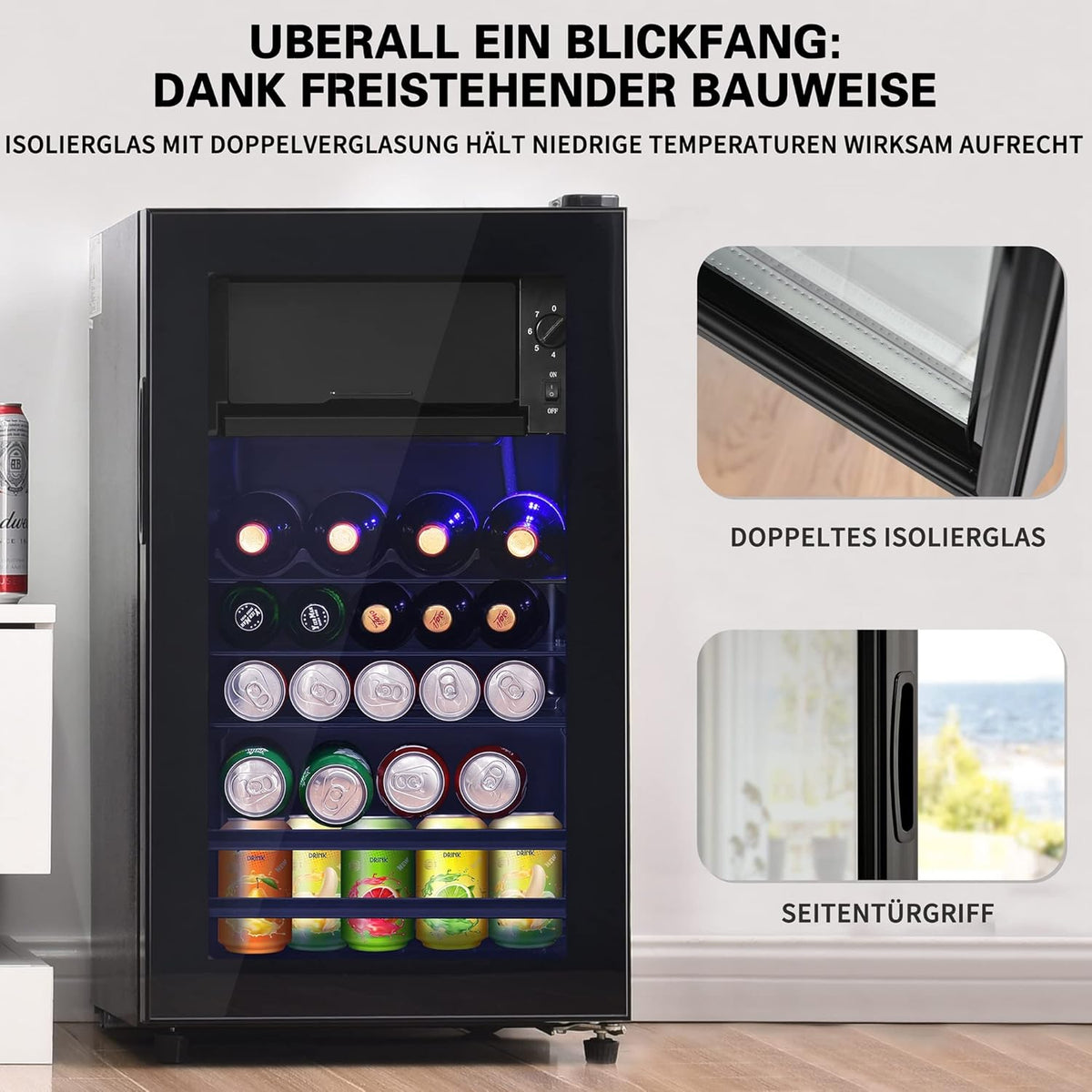 Minirefrigerador Merax de 76 L con compartimento de hielo, capacidad para 51 latas, funcionamiento silencioso, sistema de refrigeración por compresor, bajo consumo energético, estantes ajustables, negro