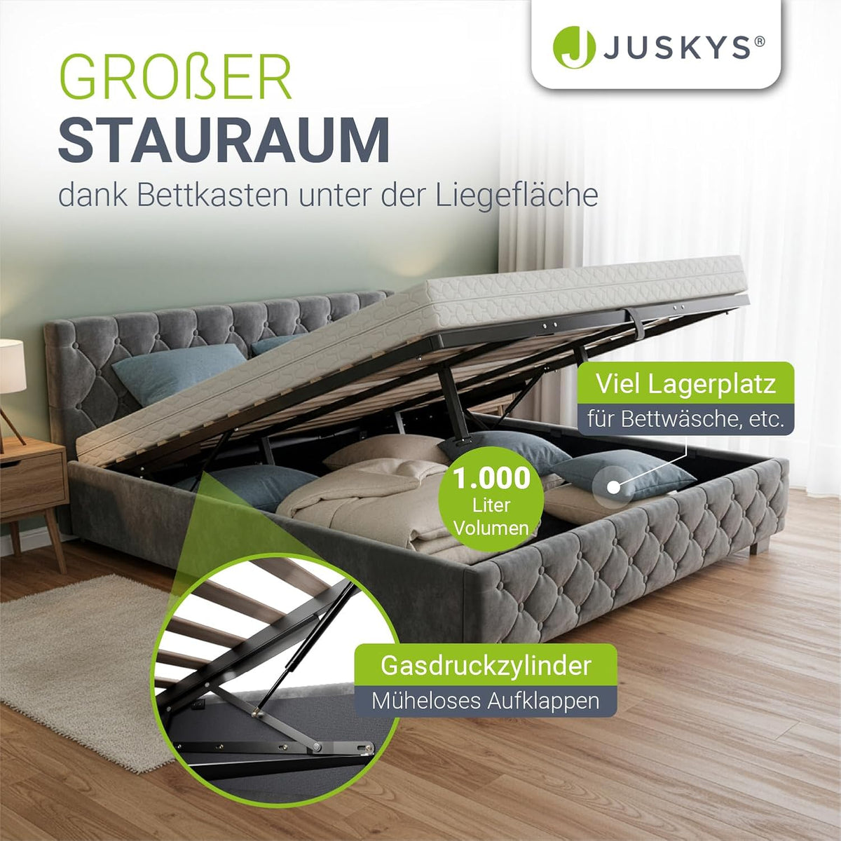 Cama tapizada Juskys Nizza 180x200 cm con colchón, estructura de cama con somier, almacenamiento e iluminación LED, tapizado de terciopelo, acolchado Chesterfield, gris