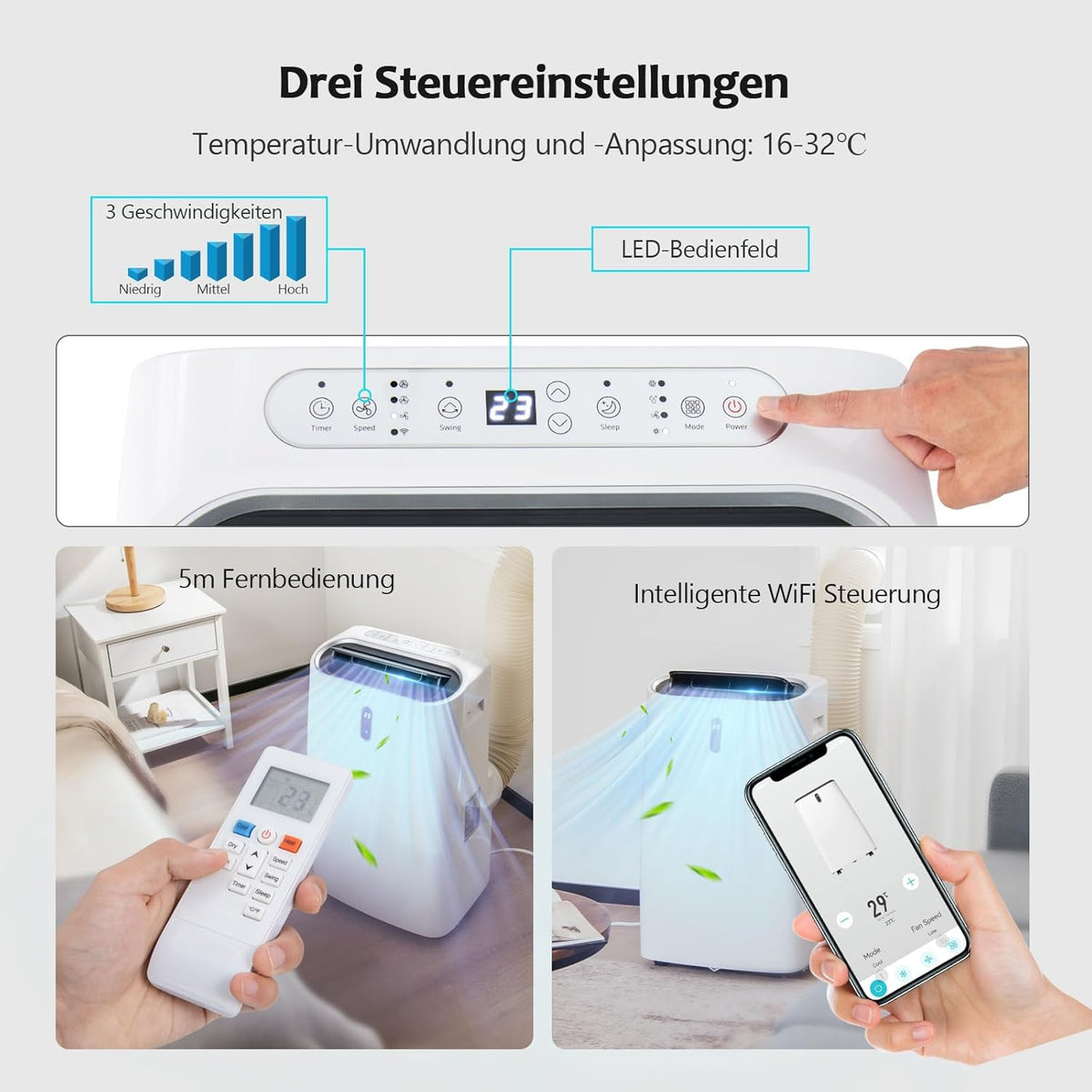 Aire acondicionado GOPLUS de 14000 BTU con tubo de escape, unidad móvil 5 en 1: refrigeración, calefacción, deshumidificación, ventilación, modo nocturno | para habitaciones de hasta 30 m² | temporizador de 24 h | aplicación/control remoto (14000 BTU)