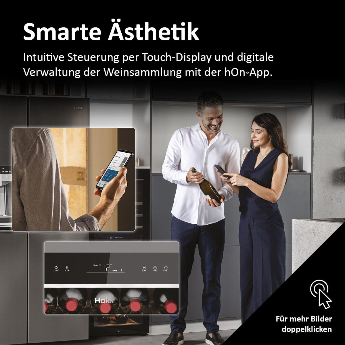 Vinoteca Haier SERIE 5 HWS79GDG I Bodega climatizada para 79 botellas I Nueva tecnología para un almacenamiento óptimo I Vinoteca de 2 zonas, puerta de cristal UV y 5 estantes de madera I Vinoteca de baja vibración