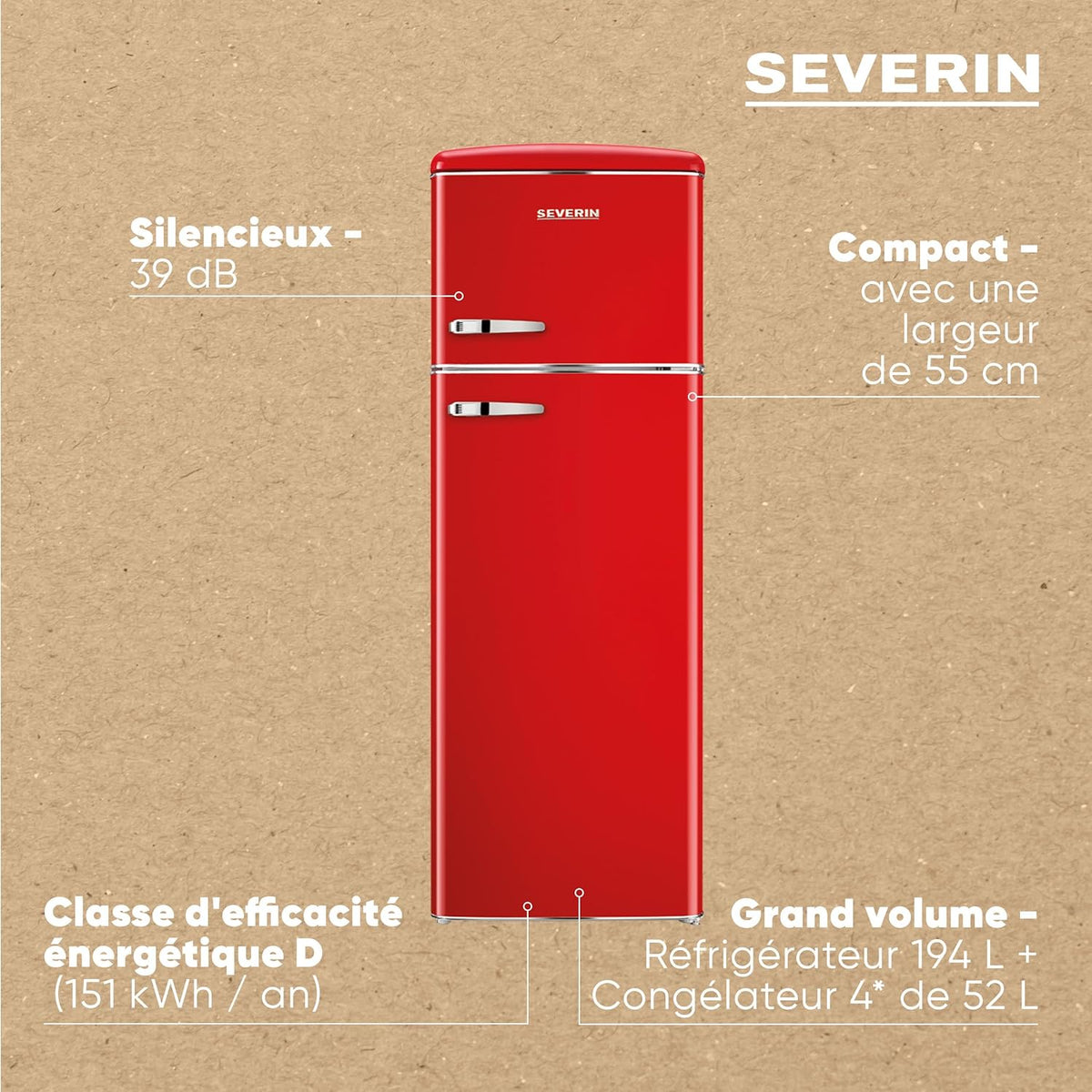 SEVERIN Frigorífico con congelador de 2 puertas, de libre instalación, Frigorífico de doble puerta con congelador, 55 cm de ancho, 246 L, Clase D, Estilo retro, Rojo, RKG 8983