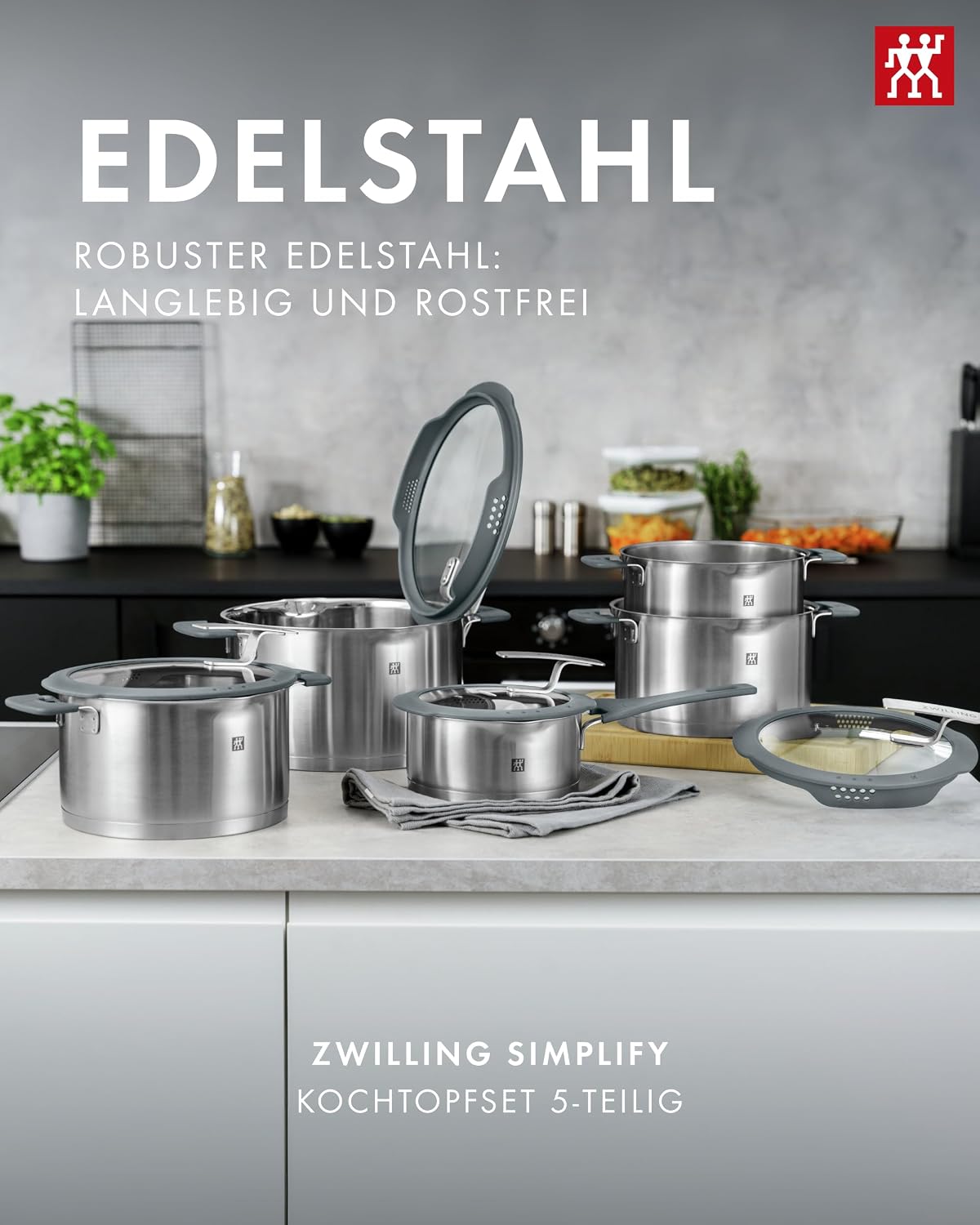 Set de ollas ZWILLING Simplify de 5 piezas, colador integrado, inducción, gris