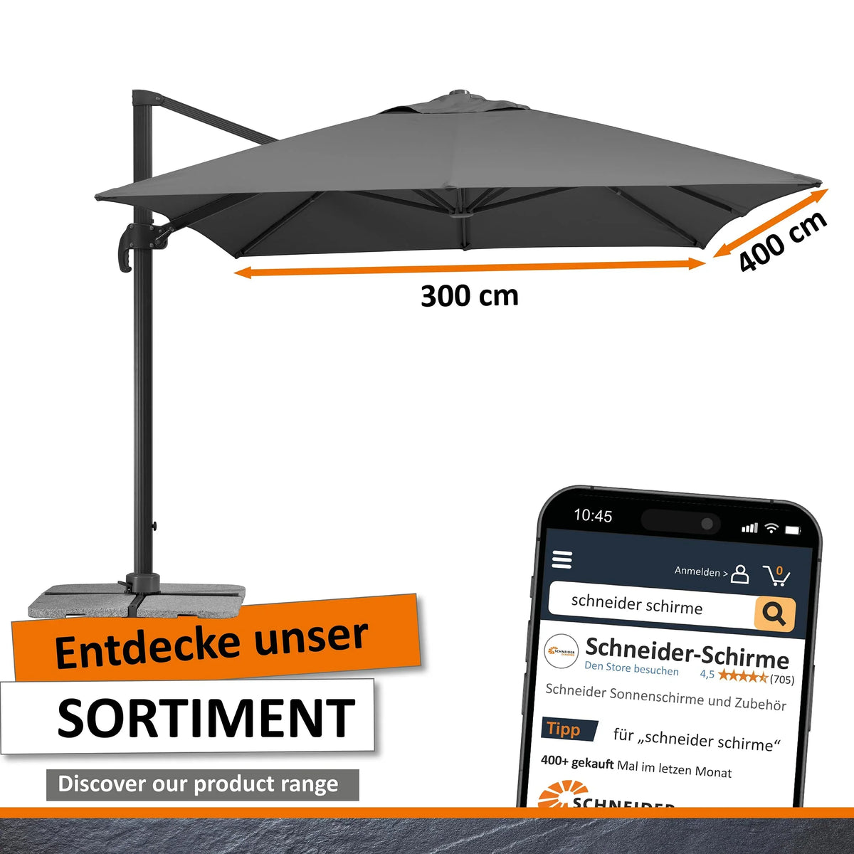 Sombrilla rectangular RHODOS GRANDE 400 x 300 cm de poliéster con estructura de aluminio, manivela y giro de 360°, color antracita