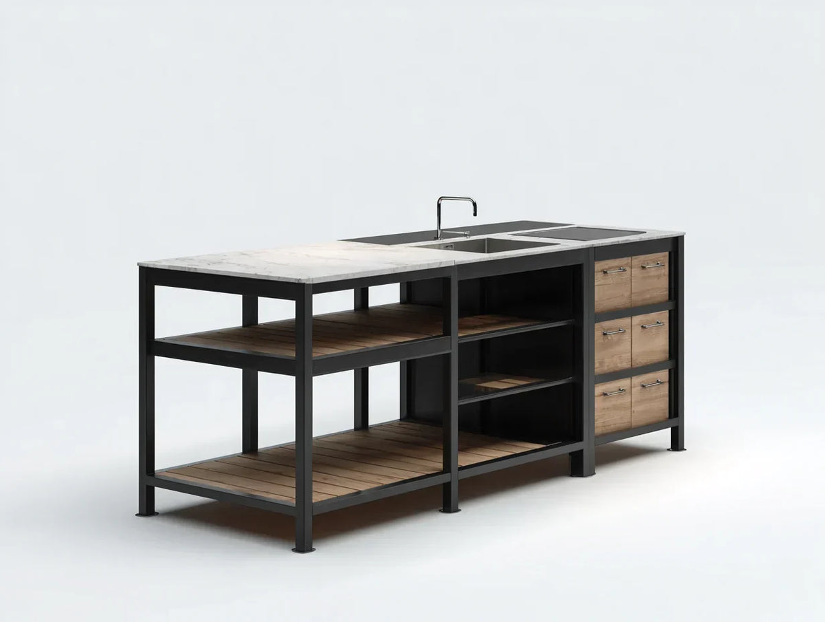 Islas de cocina con fregadero, encimera efecto piedra, 180x75x92 cm - negro y madera - estilo industrial funcional
