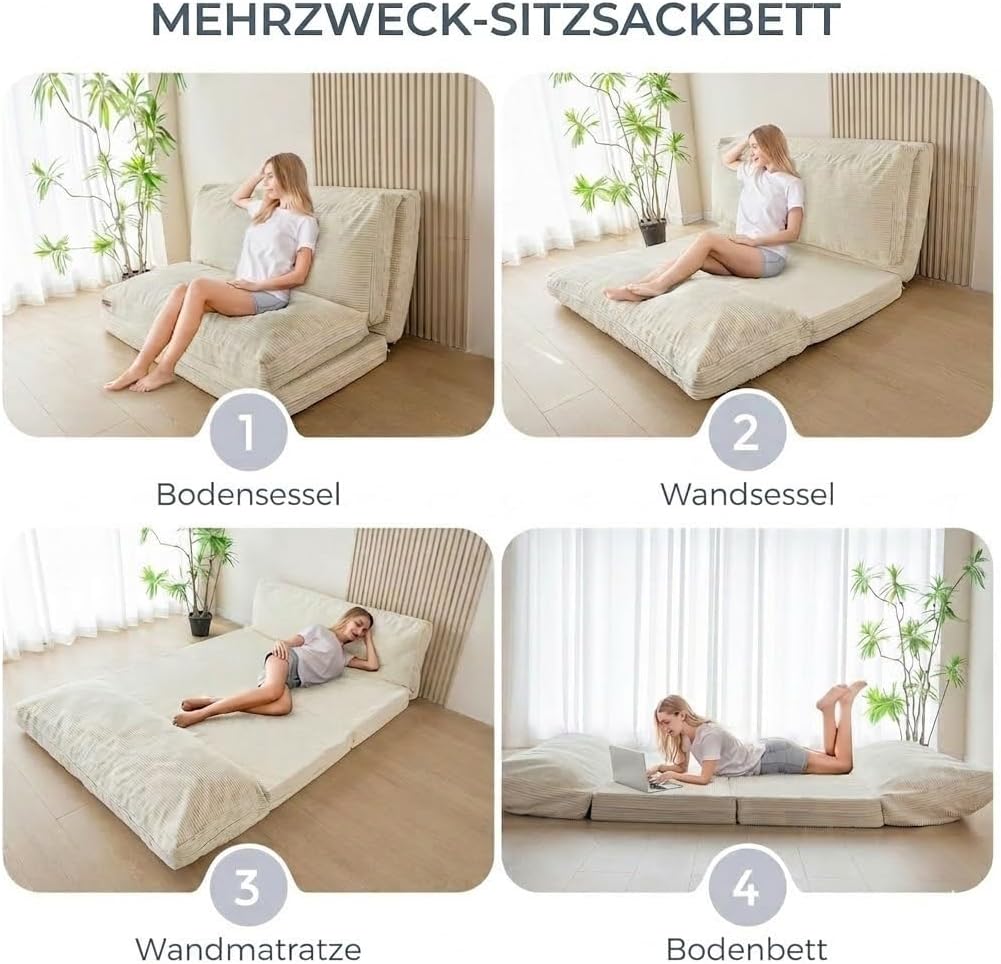 Cama tipo puf MAXYOYO, plegable, pana, sofá cama, colchón de suelo para adultos, extra grueso, plegable en 4 partes, sofá de suelo para dormitorio, sala de estar, beige, 75 x 240 cm