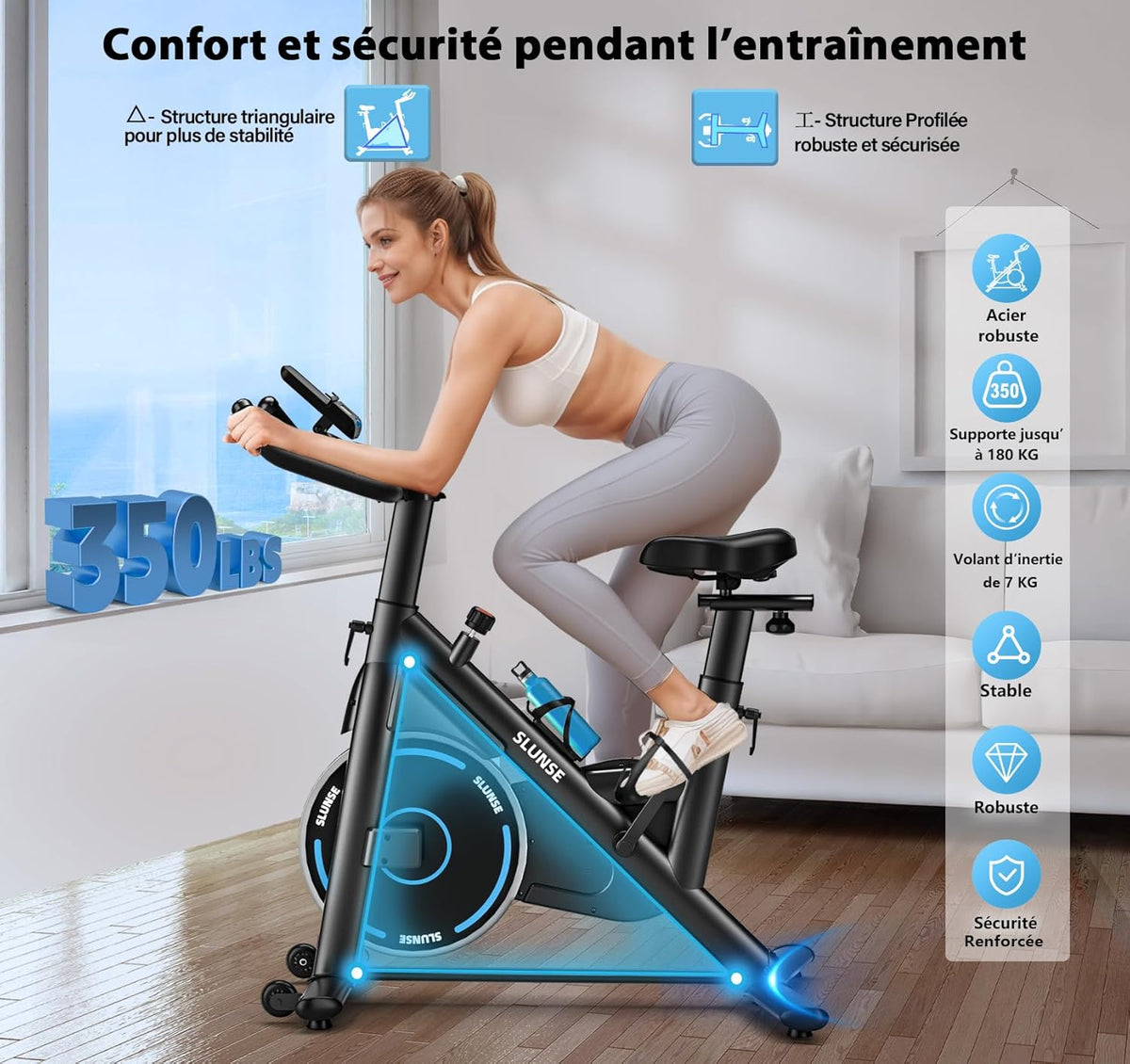 Bicicleta estática, bicicleta estática conectada a aplicaciones SLUNSE con pantalla, bicicleta estática para el hogar con resistencia magnética ajustable, asiento acolchado y ajuste de altura, capacidad de carga de 180 kg