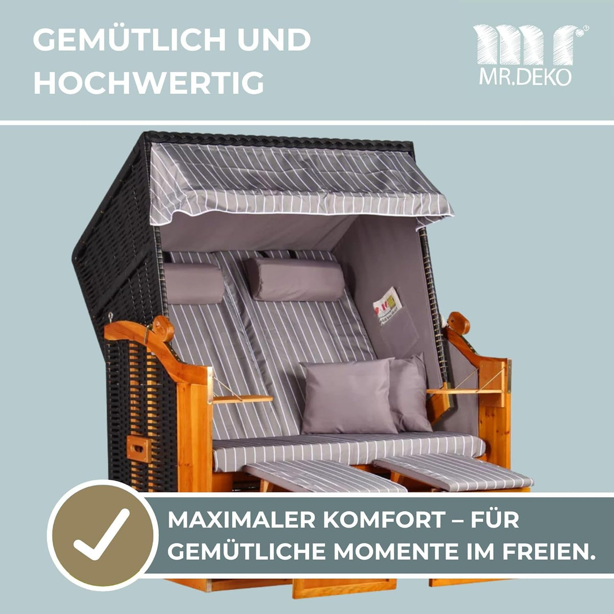 Strandkorb Ostsee Wacholder PE Negro (Diseño Royal Gris) | Strandkorb de 2 plazas resistente a la intemperie | Tumbona completa de madera dura para dos personas | Strandkörbs para balcón | Silla de playa para jardín