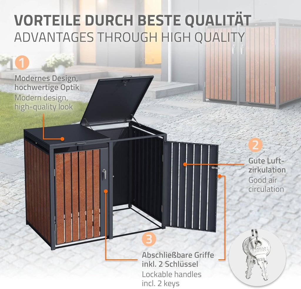Cubre contenedores ML-Design de 3 unidades para 240L, cerramiento para 3 cubos de basura, caseta resistente a la intemperie, estructura de acero, contenedor con tapa, puerta con cerradura, 200x80x116,3 cm, color antracita efecto óxido