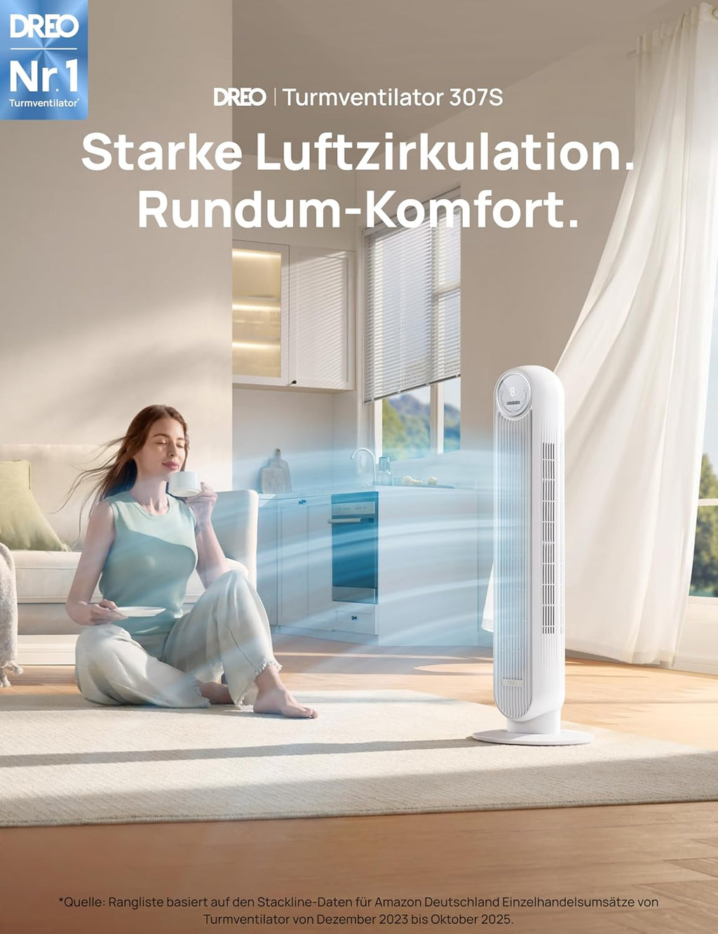 Ventilador de torre inteligente Dreo, 20 dB ultra silencioso, alcance de 10 m, 4 velocidades, 4 modos, temporizador de 8 h, oscilación de 90°, ventilación con refrigeración, Wi-Fi y mando a distancia para dormitorio, Nomad OneS, blanco