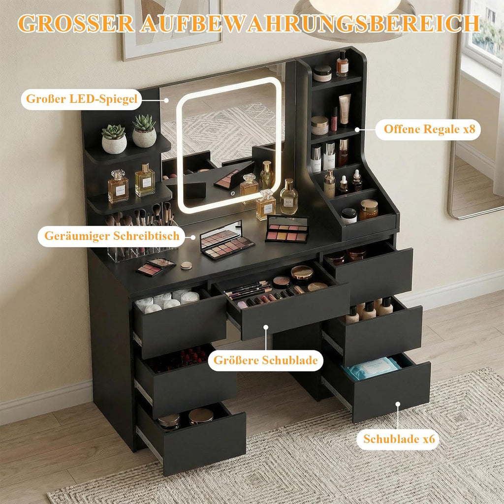 TRIUMPHKEY Tocador con iluminación LED, brillo ajustable, mesa de maquillaje con espejo, tocador moderno con 7 cajones, 4 estantes y 3 compartimentos abiertos para el dormitorio (Negro)