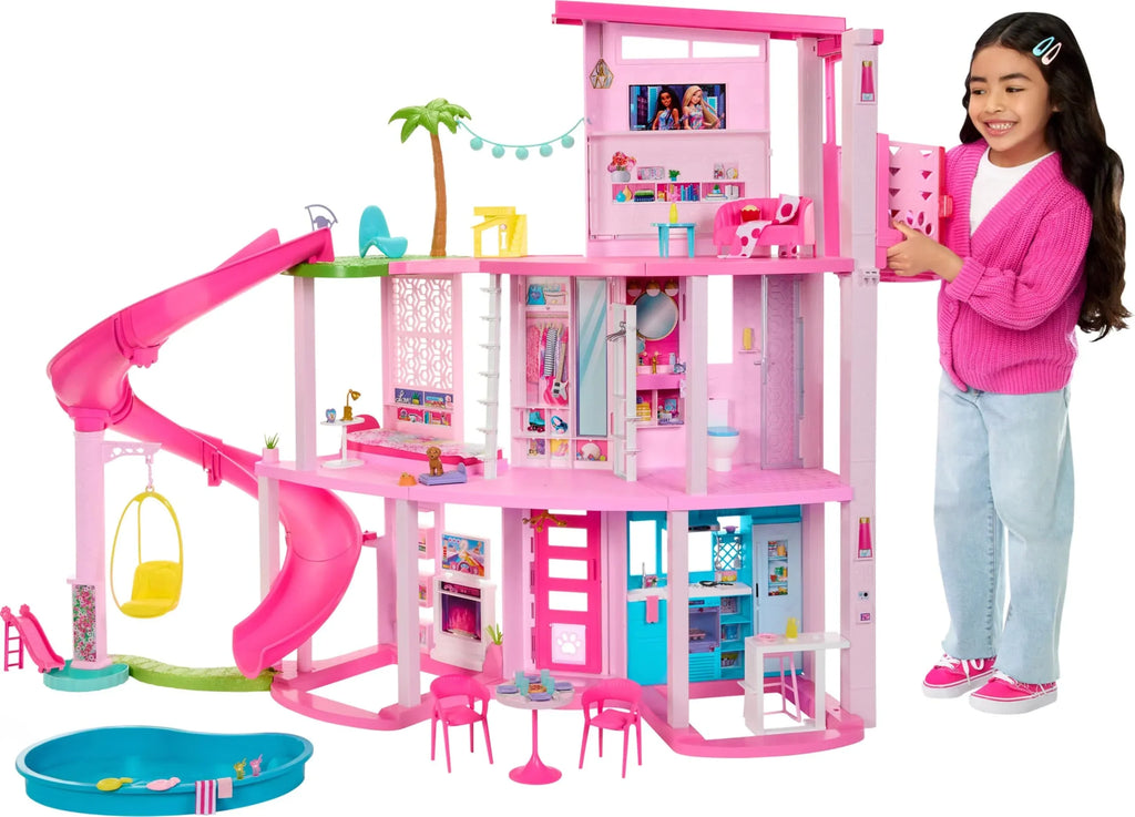 Casa de muñecas Mansión de ensueño HMX10, 3 plantas, 10 áreas de juego, piscina, tobogán, ascensor, 79 piezas con cachorro de juguete