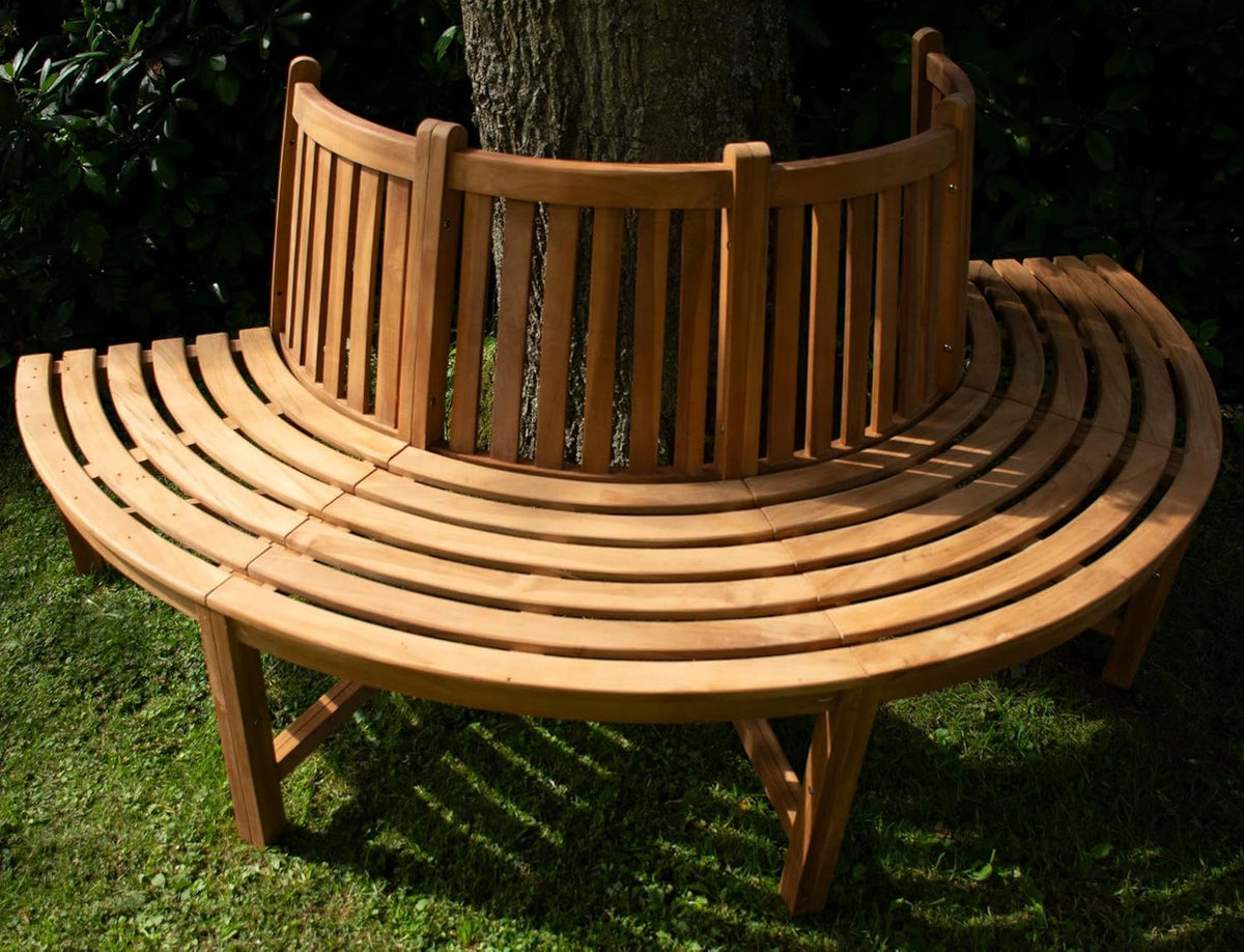Banco de árbol semicircular Male de CLP de madera de teca maciza I Banco de jardín con capacidad para hasta cuatro personas I Banco de madera natural con respaldo, color: marrón