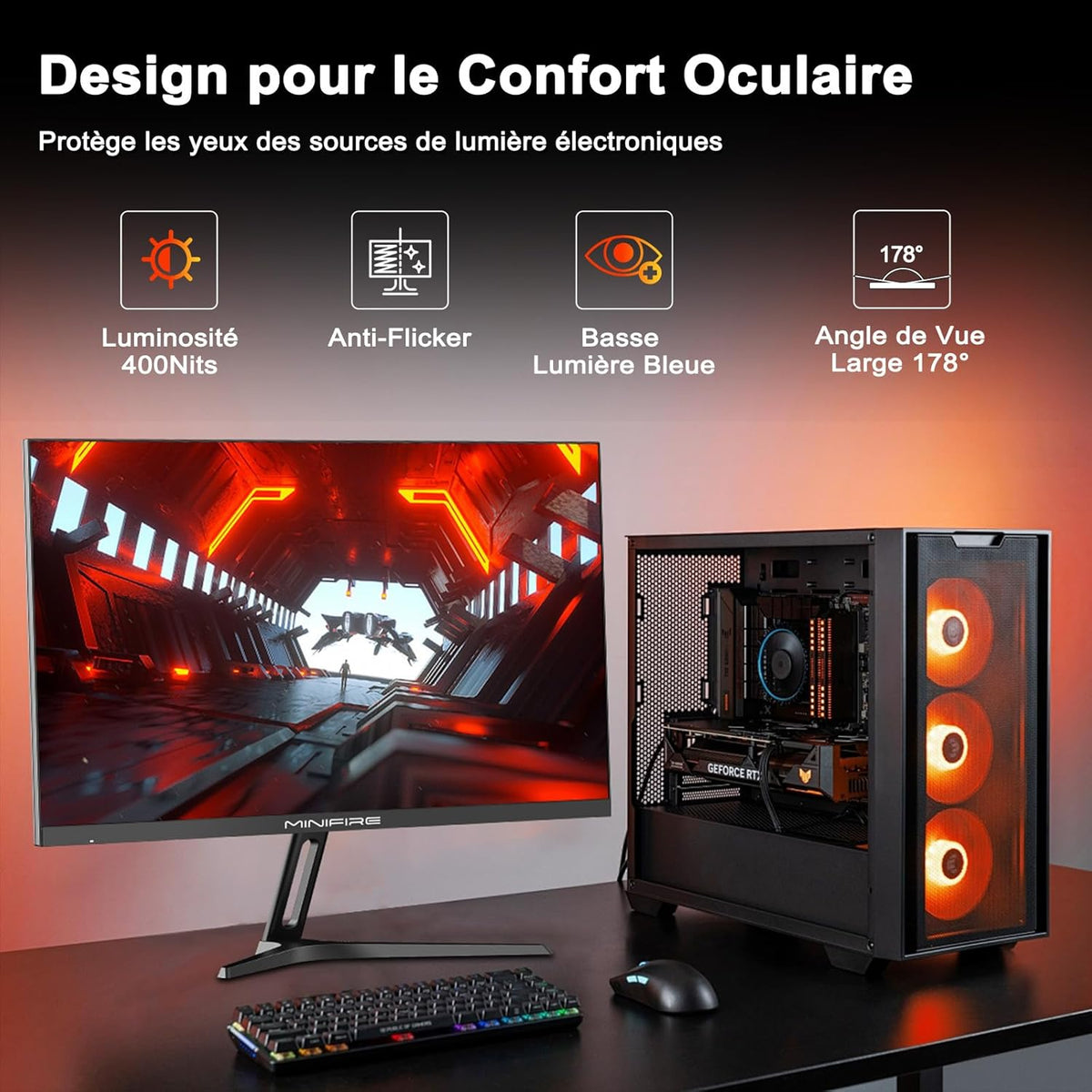 Monitor de juegos Minifire de 27 pulgadas, WQHD (2560×1440p) 200Hz 1ms (OD), pantalla Fast IPS Adaptive Sync HDR, HDMI/DP VESA 100×100mm (MFG27F4Q-200)