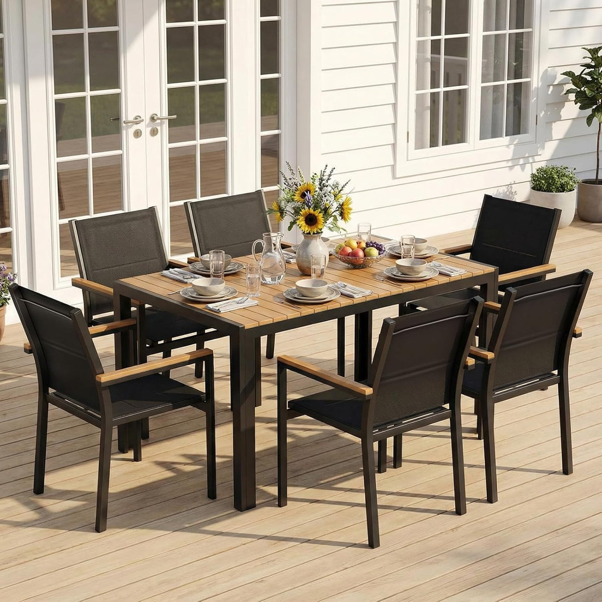 LIFERUN Set de 6 sillas de jardín, aluminio, con respaldo y asiento acolchados, silla de comedor apilable, reposabrazos de WPC, sillas de balcón, para terraza, balcón, patio, piscina, restaurantes, negro, 6 piezas