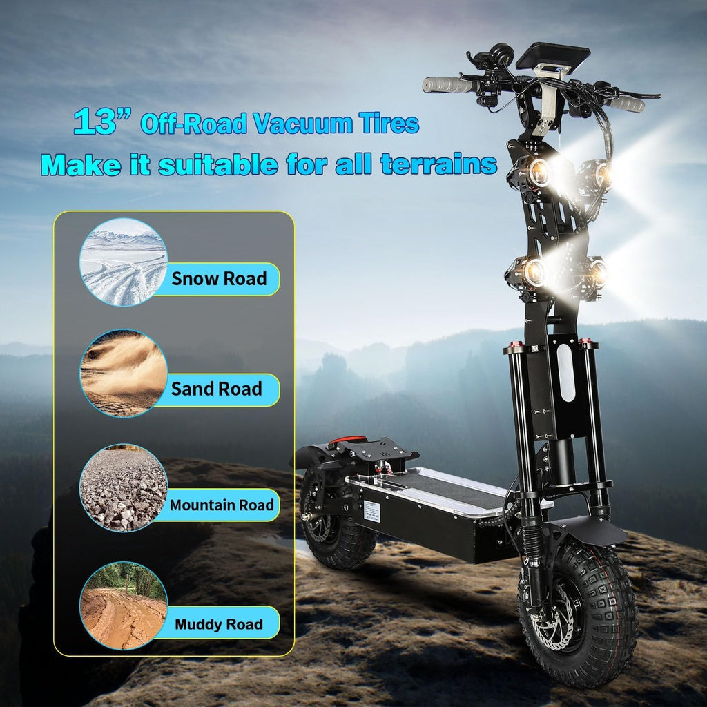 HWWH Patinete eléctrico potente plegable, scooter eléctrico todoterreno para adultos, 13 pulgadas, 3 velocidades, doble tracción, batería de litio de 72 V/50 Ah, autonomía máxima de 120 km