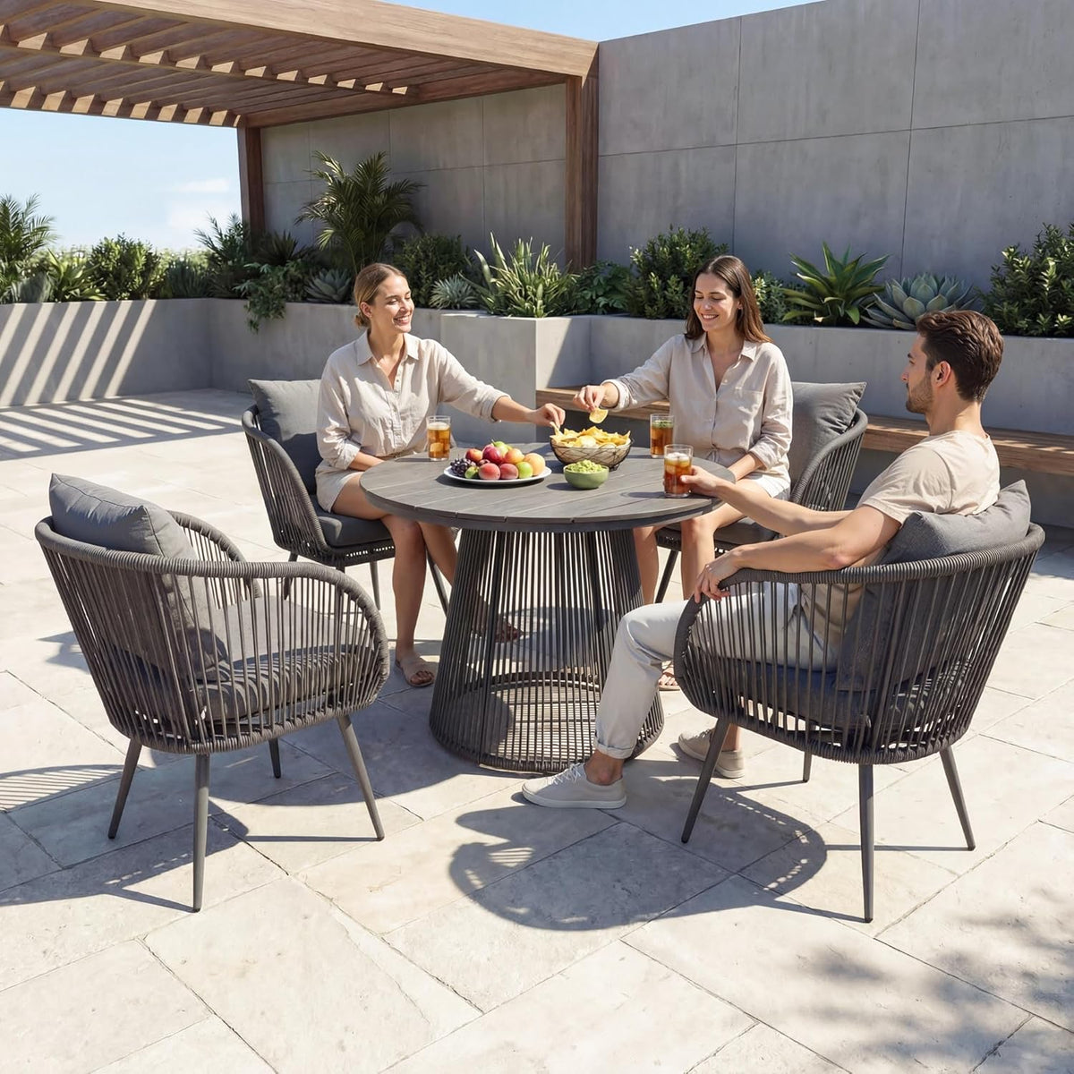 Set de muebles de jardín di volio MAZARO – Grupo de comedor para exterior con mesa redonda y 4 sillas, conjunto de jardín resistente a la intemperie (Gris)