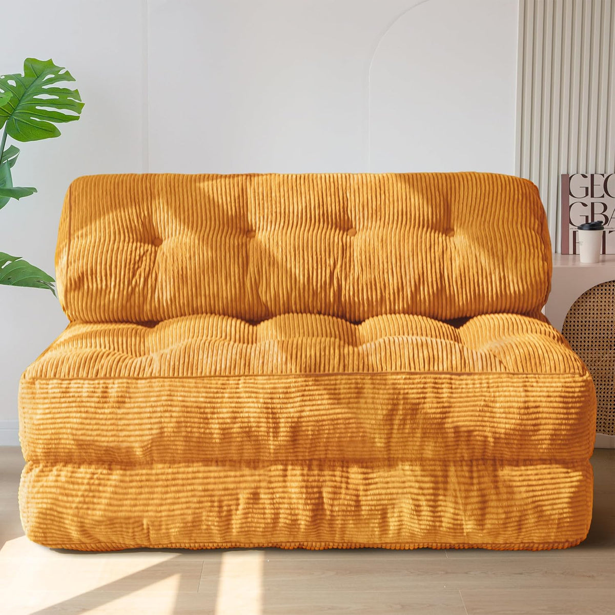 MAXYOYO Sofá cama plegable, sillón convertible con cojín, colchón con soporte para la espalda, silla cama portátil, sofá de suelo cómodo para salón o dormitorio, naranja, doble