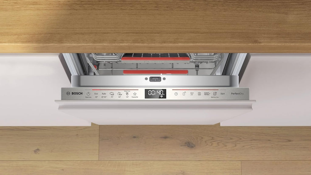 Lavavajillas inteligente Bosch Serie 2 SPV2IKX10E, totalmente integrable, 45 cm de ancho, cesta para cubiertos, secado extra con solo pulsar un botón, InfoLight punto de luz rojo en el suelo, protección AquaStop contra daños por agua, blanco