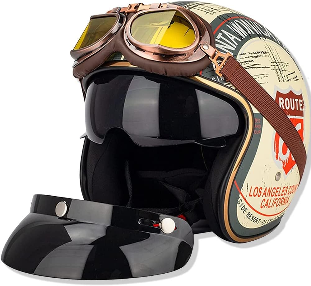 Casco de moto tipo jet vintage con gafas parasol - 3/4 cara abierta con certificación ECE para hombres y mujeres - Retro piloto chopper cruiser biker, M