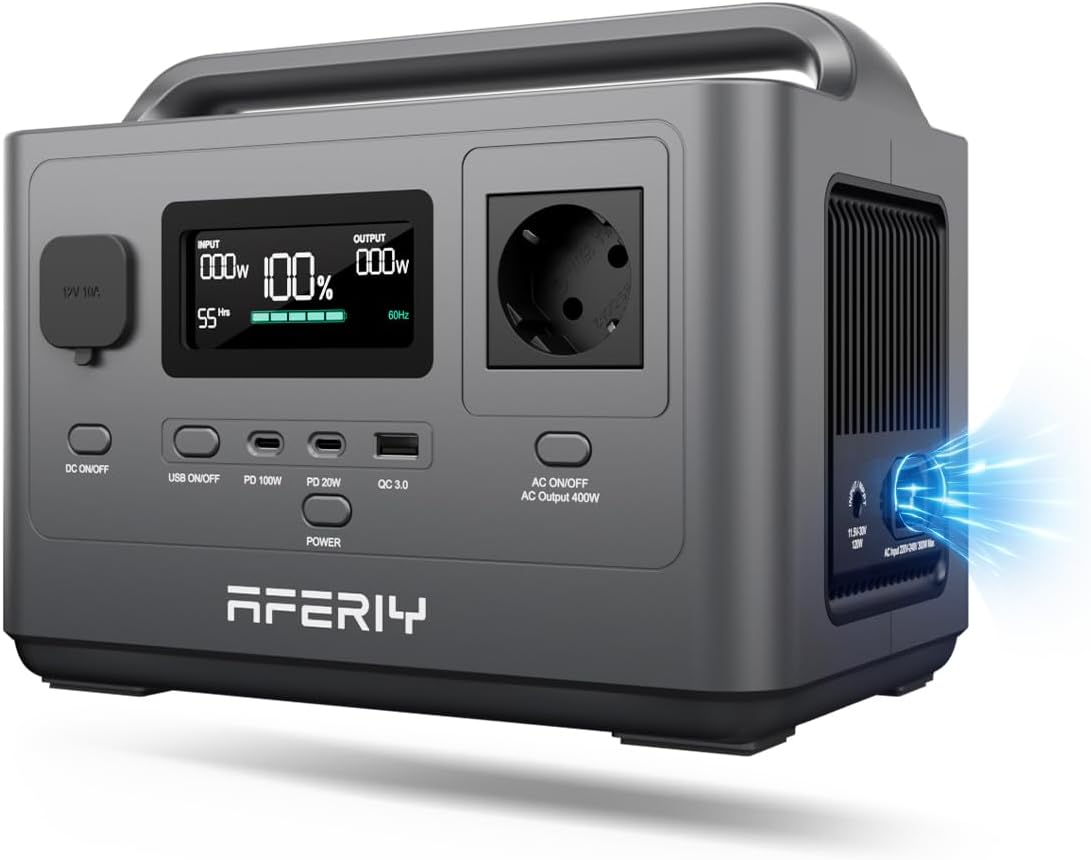 Generador Eléctrico Portátil AFERIY 400W, Estación de Energía Móvil 256Wh, Batería LFP Portátil, Salidas Variadas, Enchufe UE 220-240V, SAI, Generador Eléctrico Solar Para Su Vida Sin Interrupciones