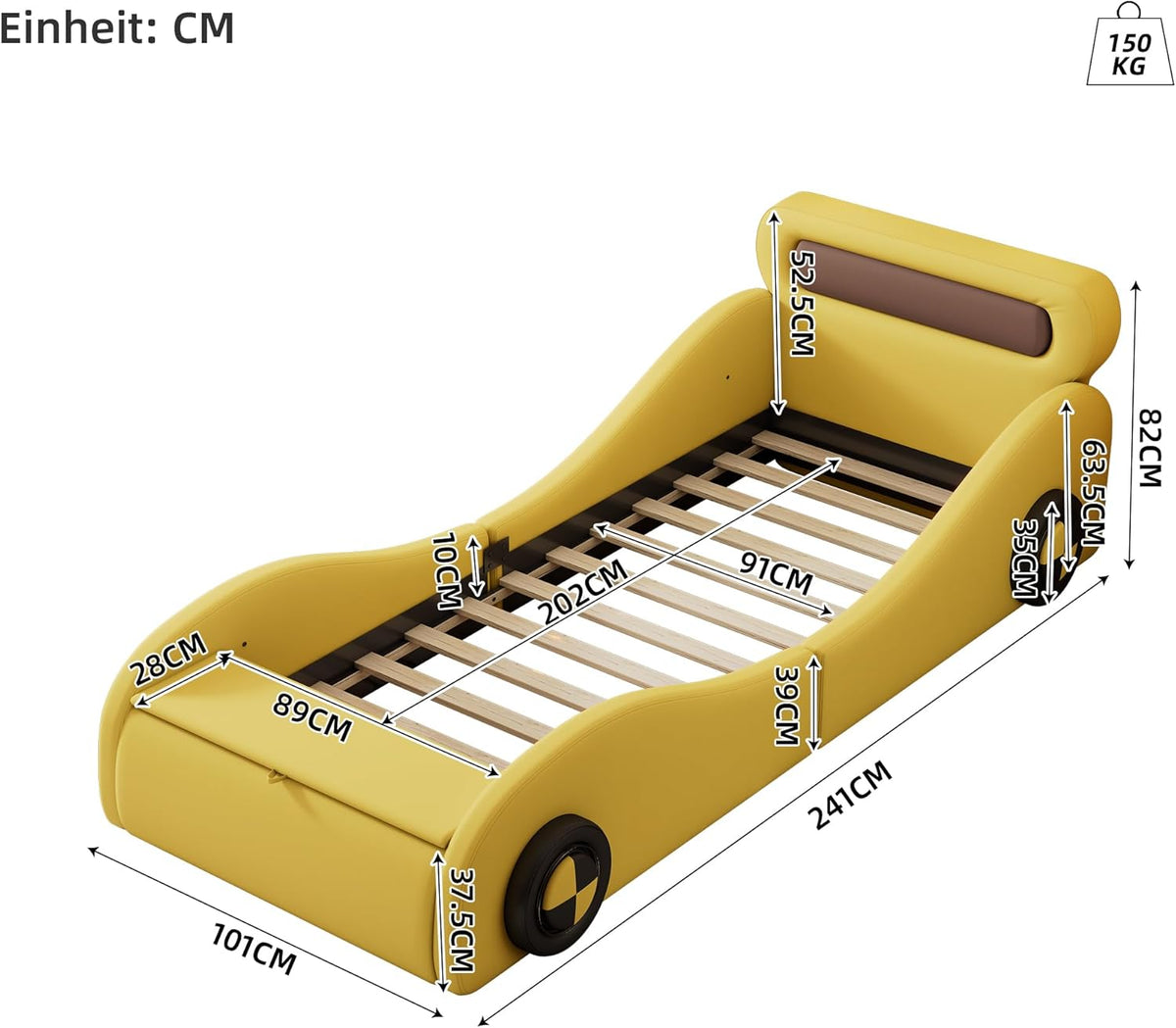 Cama infantil con forma de coche, cama juvenil 90x200, cama tapizada individual con ruedas iluminadas y espacio de almacenamiento, emocionante cama infantil de carreras, cama de juegos para niños con somier, PU, sin colchón, amarillo