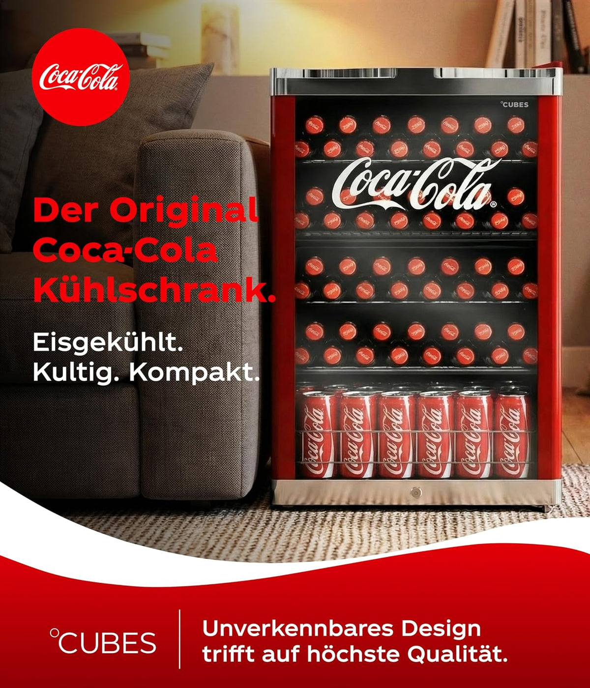 °CUBES Nevera Coca-Cola 115 L | Refrigerador de bebidas grande con puerta de cristal, perfecto para fiestas y uso comercial | Eficiencia energética, 84,5 cm de altura, 104 kWh/año - Refrigerador de botellas grande