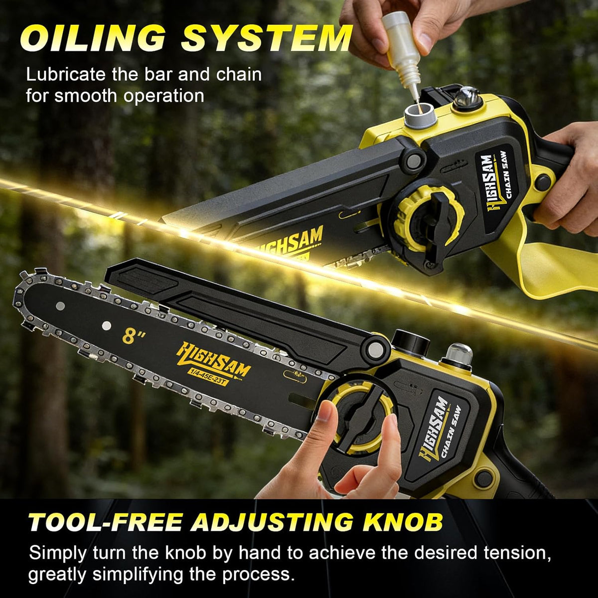 8 Zoll Mini Kettensäge & Akku Elektro Astschere, 4-in-1 Gartenwerkzeug Mit Bürstenlosem Motor, Teleskopstange Bis 4.2m, 2×4.0Ah Akkus, Astsäge Hochentaster Akku, FüR Baumzweige, Holzschneiden (yel)