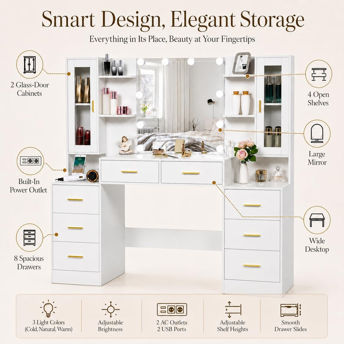 ANWBROAD 150cm Tocador grande con iluminación LED ajustable de 3 colores y enchufes, tocador moderno con espejo, 8 cajones, 6 estantes abiertos, mesa de maquillaje blanco BDT67W