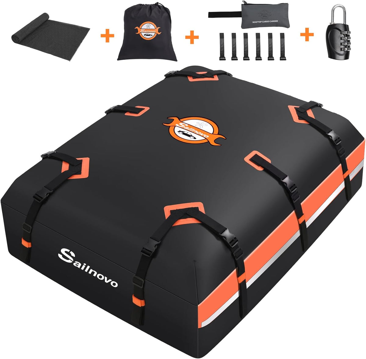 Sailnovo Cofre de techo para vehículo, bolsa de techo impermeable para viajes, resistente a la intemperie con alfombrilla antideslizante, 6 ganchos de puerta y candado de combinación, 590 L, PVC 1000D