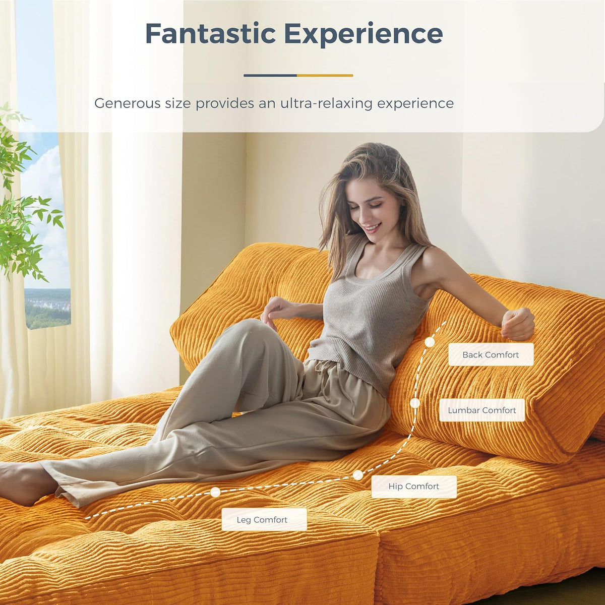 MAXYOYO Sofá cama plegable, sillón convertible con cojín, colchón con soporte para la espalda, silla cama portátil, sofá de suelo cómodo para salón o dormitorio, naranja, doble