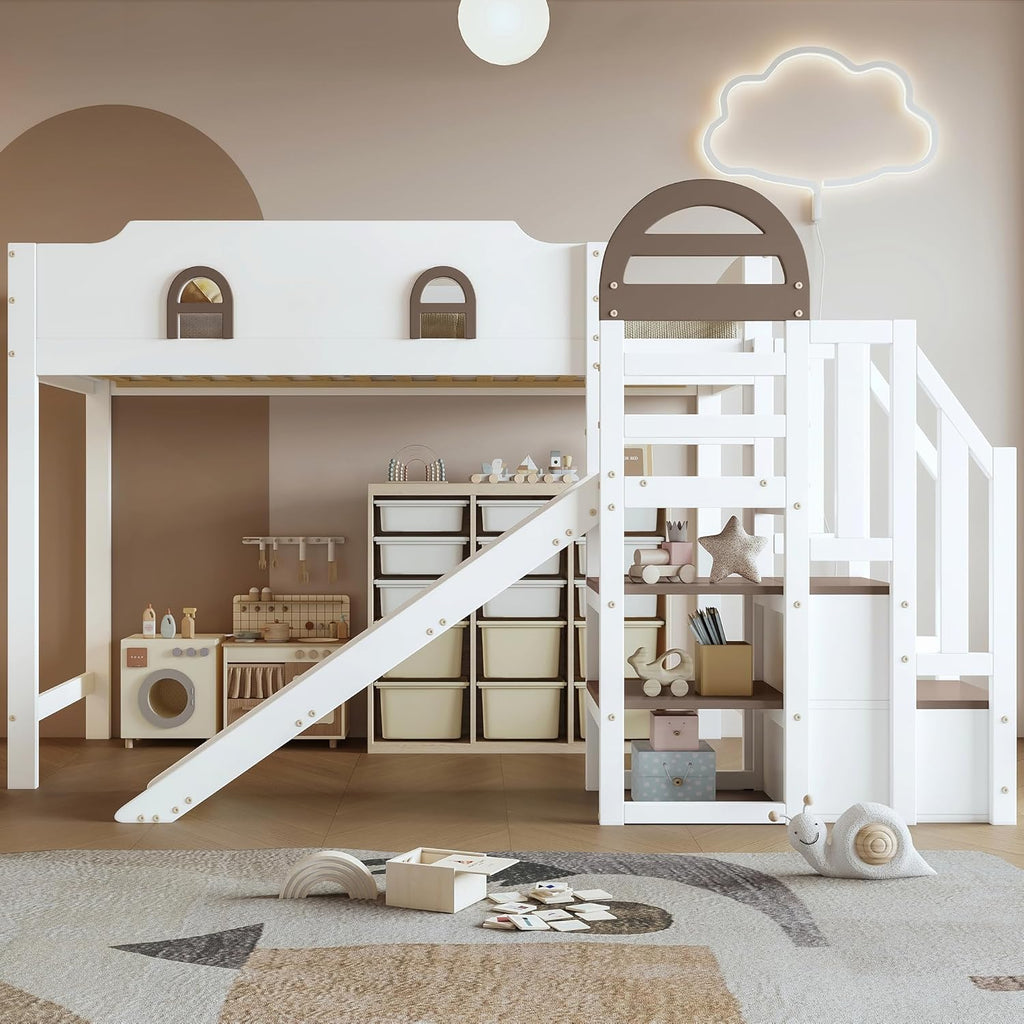 Kinderbett Etagenbett 90x200,Hausbett Hochbett mit Rutsche&Regal&Stauraum Treppe,Bettgestell mit Rausfallschutz&Lattenrost, Funktionsbett Stockbett Spielbett Jugendbett,Kiefernholz,Ohne Matratze,Weiß