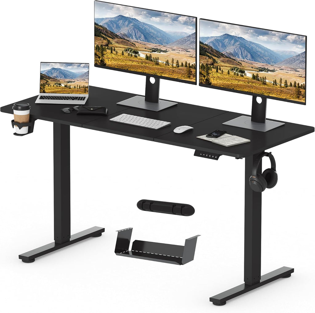 Escritorio de altura regulable SANODESK 140 x 60 cm incl. 4 accesorios: portavasos, gancho, caja de almacenamiento y gestión de cables, con función de memoria, para oficina y entretenimiento, negro