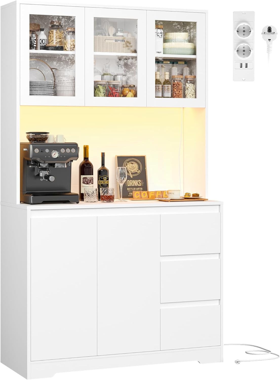 Alacena de cocina FirFurd con LED y regleta, aparador de cocina con encimera y 3 cajones, buffet de cocina con estante ajustable, aparador para cocina, 180x100x38.5 cm, blanco
