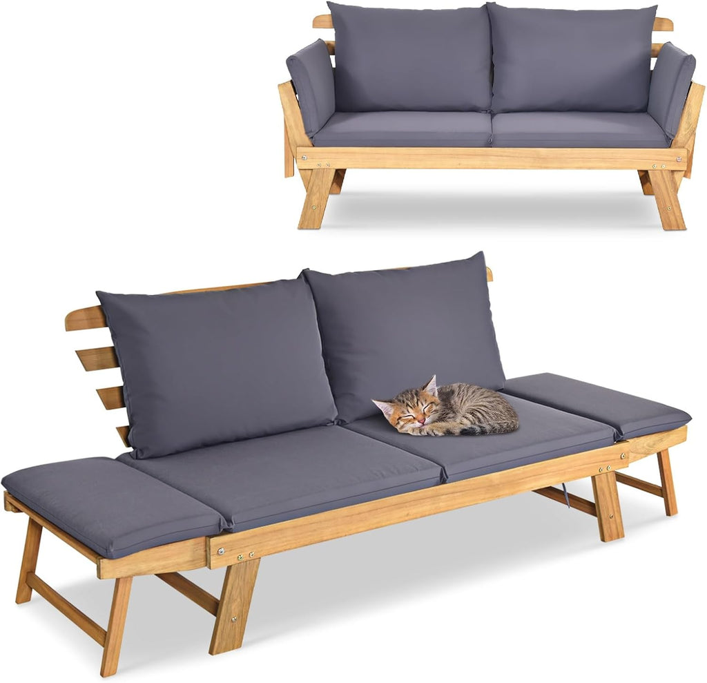 GIANTEX Banco de jardín con función de tumbona, sofá de jardín con reposabrazos plegables, banco de balcón con cojines, banco de exterior de madera de acacia, sofá lounge de 3 plazas, sofá cama para balcón, jardín y terraza | Diseño 3 en 1