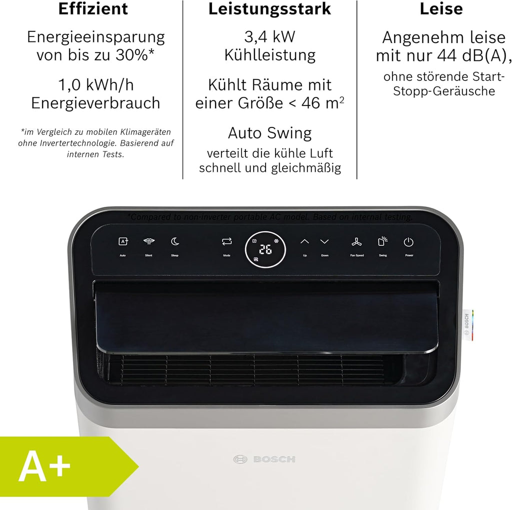 Acondicionador de aire móvil Bosch Cool 4000 - 3 en 1: aire acondicionado, deshumidificador, ventilador - 2,6 kW para habitaciones de hasta 35 m² - Con modo automático, modo silencioso y modo de suspensión