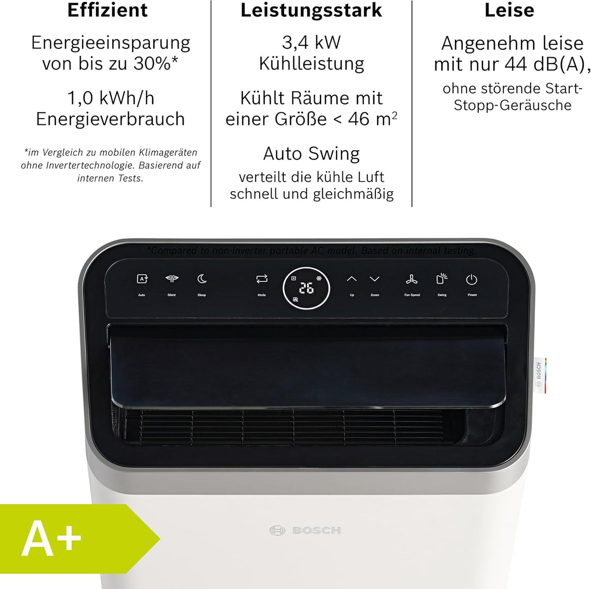 Acondicionador de aire móvil Bosch Cool 4000 - 3 en 1: aire acondicionado, deshumidificador, ventilador - 2,6 kW para habitaciones de hasta 35 m² - Con modo automático, modo silencioso y modo de suspensión