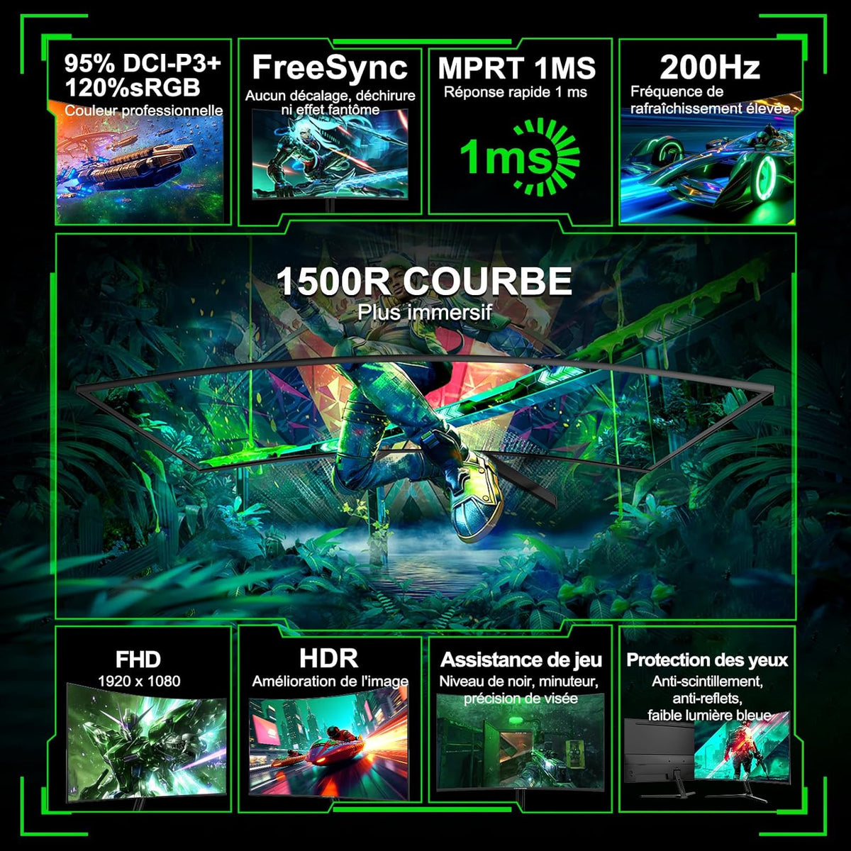 Monitor curvo para juegos Minifire de 27 pulgadas MFG27C1, 200Hz, 1Ms, 130% sRGB, monitor con altavoces, panel VA de 1920 * 1080 (MFG27C1 con cable HDMI)