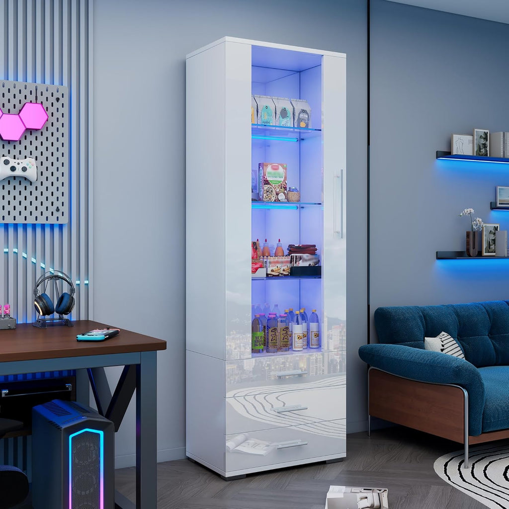 Vitrina de cristal Merax con iluminación LED, mueble vitrina blanco de alto brillo con puertas y 3 cajones, armario alto de 180 cm, estantería para libros, mueble de cocina, mueble multiusos para salón, dormitorio y oficina