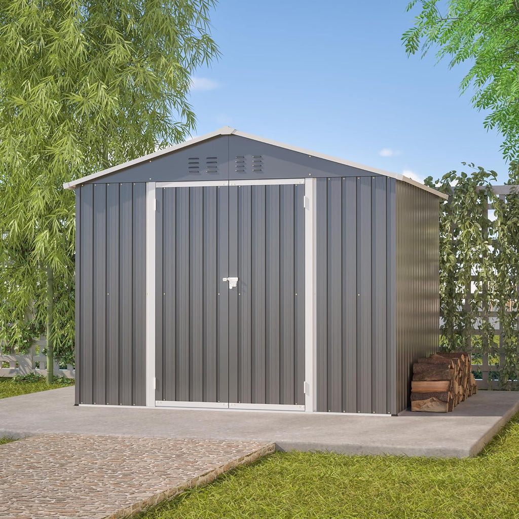 Cobertizo de jardín robusto de metal con techo a dos aguas XXXL (300 x 252 x 191 cm) Almacenamiento seguro para herramientas y equipos de jardinería Gris