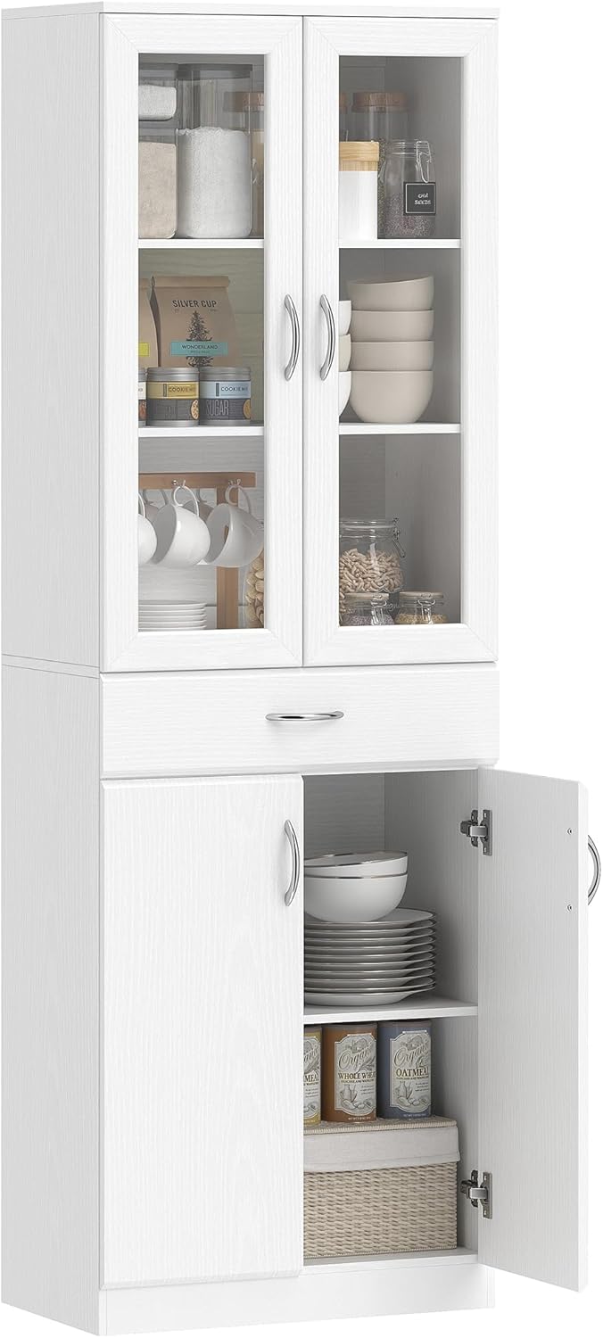 HOMCOM Alacena de cocina mueble buffet con estante ajustable, cajón, 2 armarios, armario alto con puerta de cristal y función de cierre suave para cocina, comedor, salón, 60 x 35 x 180 cm, blanco