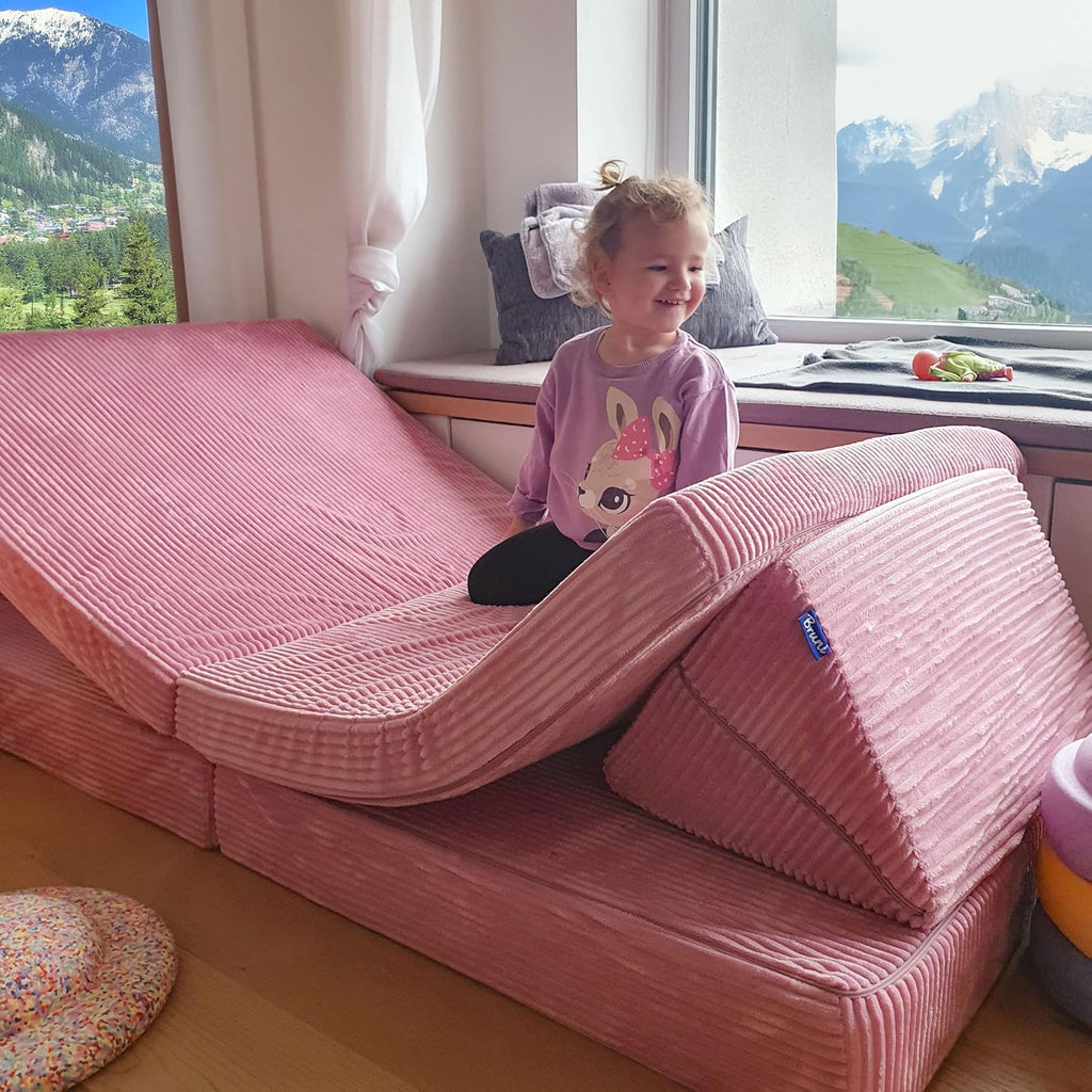 Sofá de juegos Bruni de pana para niños en color rosa: sofá XXL grande para la habitación infantil, sofá cama con funda de pana suave extraíble, diseñado en Austria