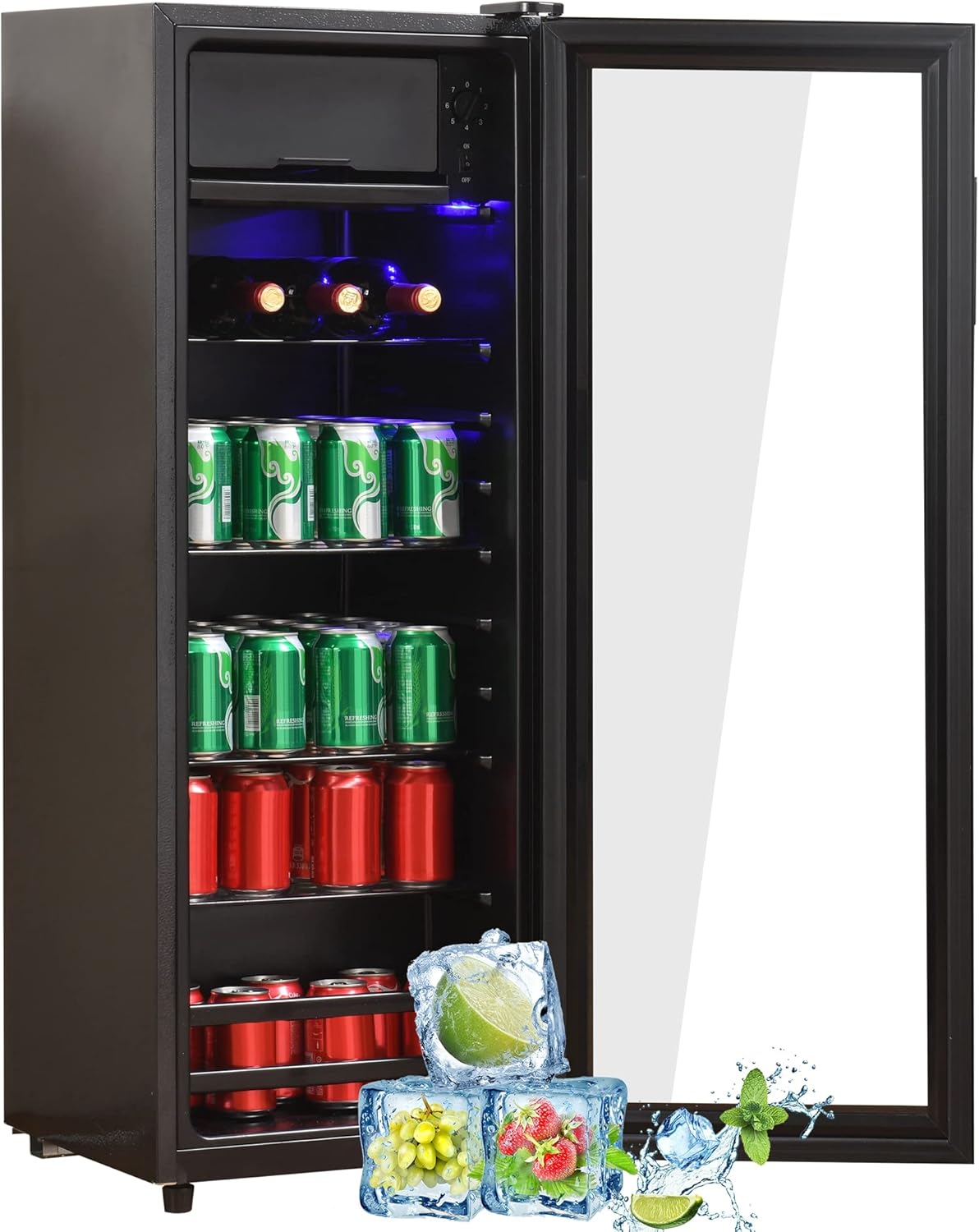 Refrigerador Merax de 128L, enfriador de bebidas independiente con refrigerador de 120L + congelador de 8L, con iluminación interior LED y estantes ajustables, súper silencioso para restaurante, bar, bebidas y cerveza