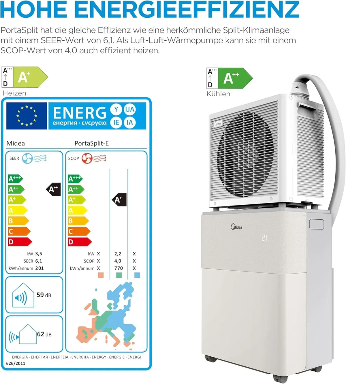 Aire acondicionado split portátil PortaSplit-E 12000 BTU 3,5 kW refrigeración calefacción A++ para habitaciones de hasta 42 m² control por app