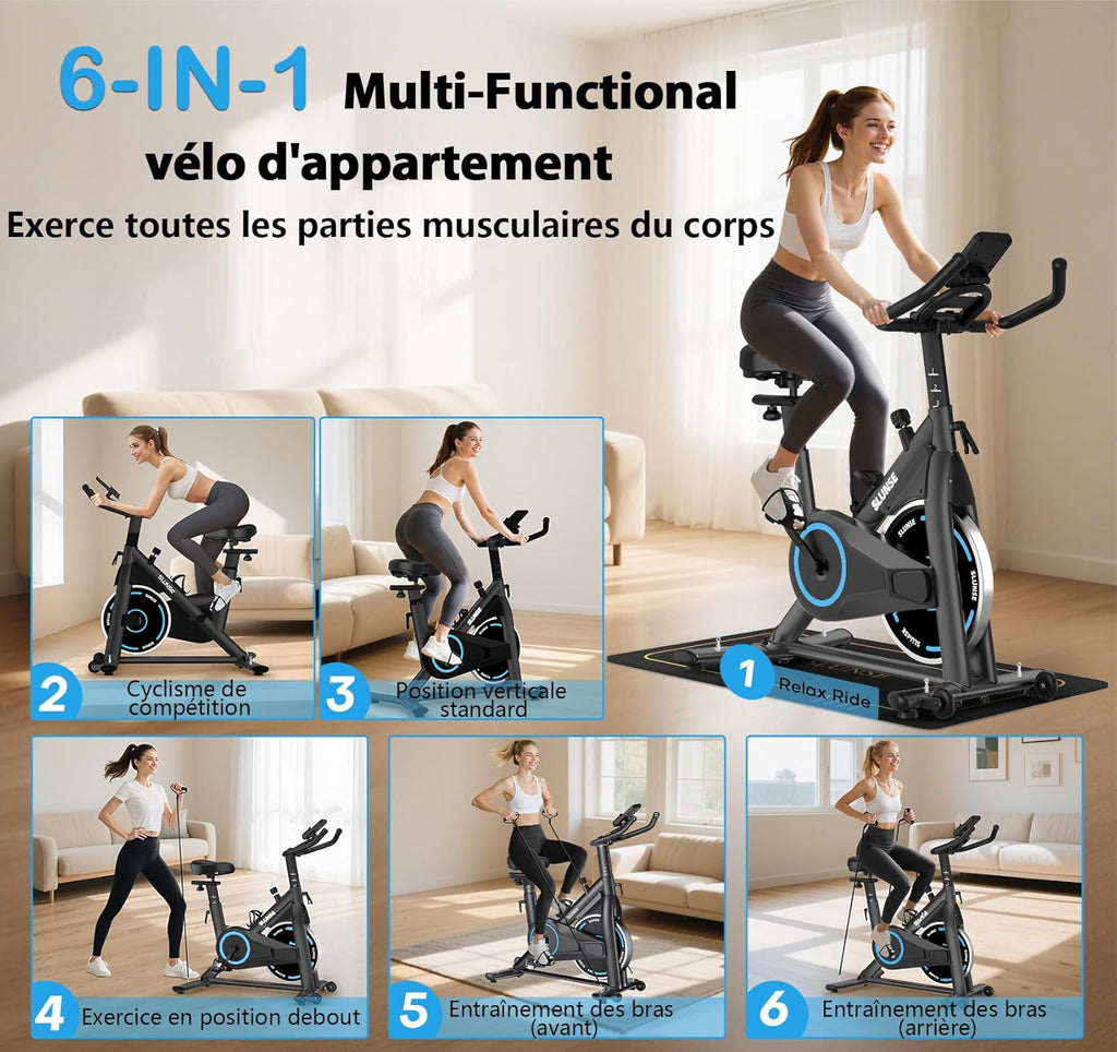 Bicicleta estática, bicicleta estática conectada a aplicaciones SLUNSE con pantalla, bicicleta estática para el hogar con resistencia magnética ajustable, asiento acolchado y ajuste de altura, capacidad de carga de 180 kg