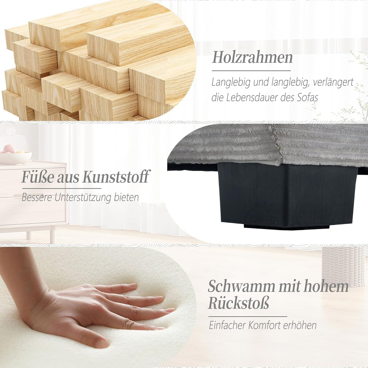 Sofá de 3 plazas, sofá con reposabrazos, cojines decorativos, sofá tapizado con funda de pana, acolchado grueso, sofá lounge, capacidad de carga hasta 450 kg, para sala de estar, dormitorio, 224x81x81cm (gris claro)