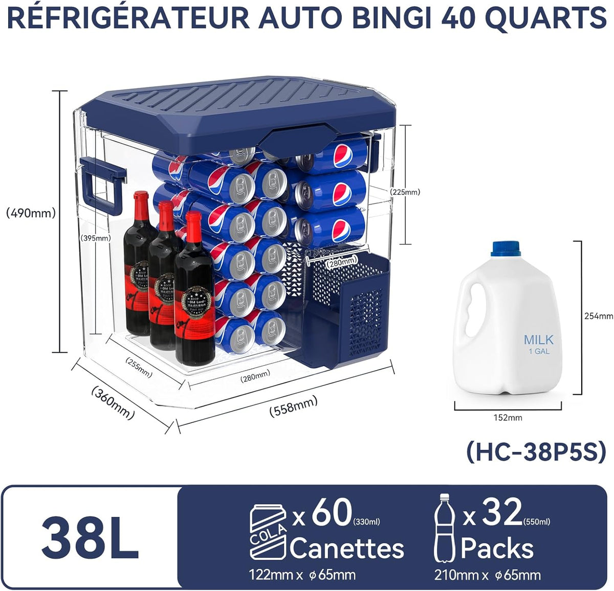 BINGI Nevera Eléctrica de Compresión para Coche de 38L con Enfriamiento Rápido - Refrigerador Portátil hasta -18°C, 12V/24V/220V, para Autocaravana, Furgoneta, Camión, Barco, Coche, Casa, Camping