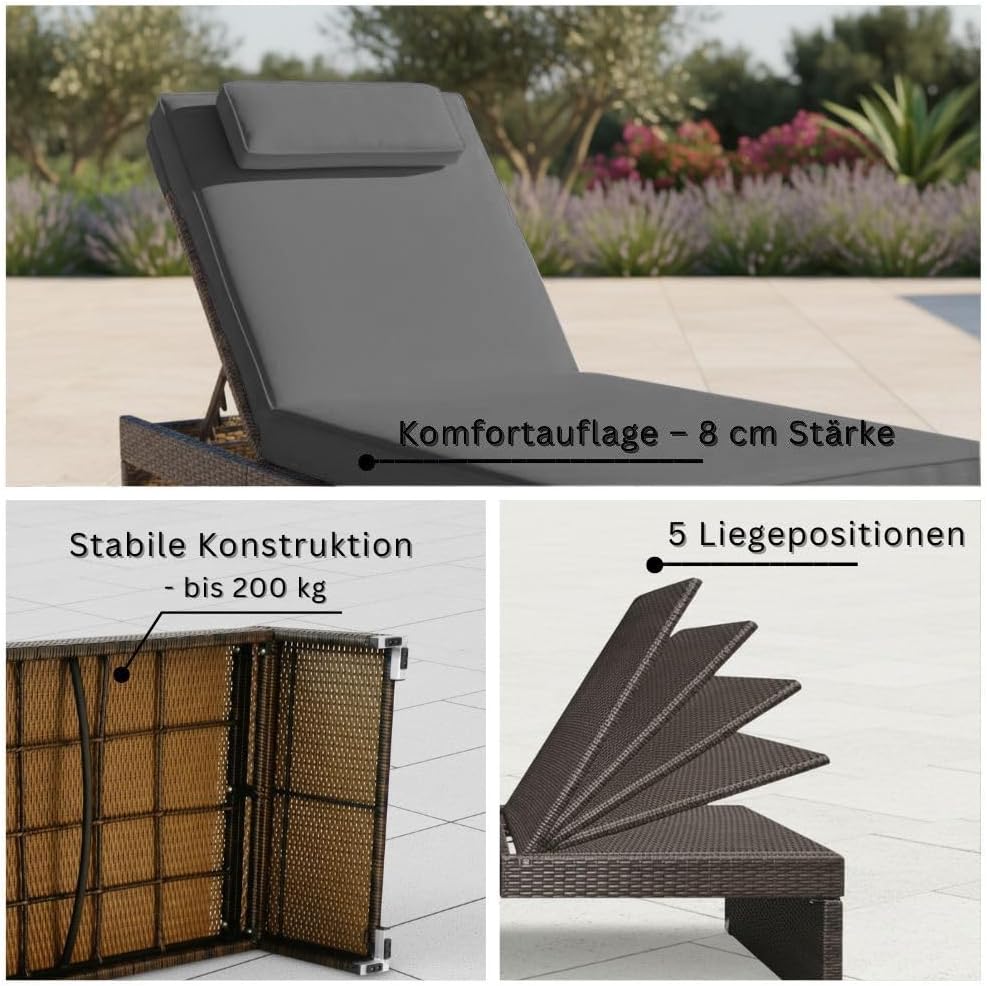 Tumbona de jardín RS Trade resistente a la intemperie de ratán, extra alta y extra ancha, también para personas mayores – XXL hasta 200 kg – con ruedas, tumbona de exterior con respaldo ajustable, marrón con cojín gris